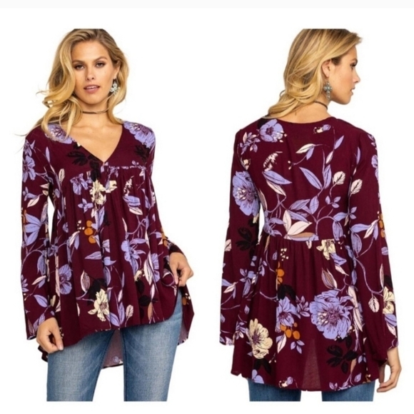 Free People‎ Blouse Small Purple Floral Bella Tunic Top Bell Sleeve Flowy Boho - Picture 1 of 11